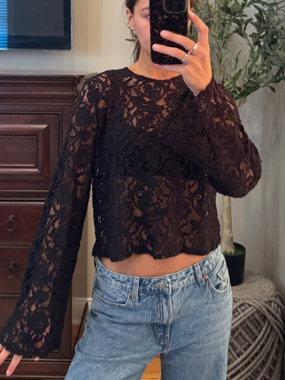 Size small Zara Black Sheer Floral Lace Long-Sleeve Top
